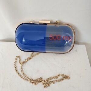 Womens Blue Pill Capsule 500 MG Purse 9" x 4" Clear Gold Chain Art to Wear